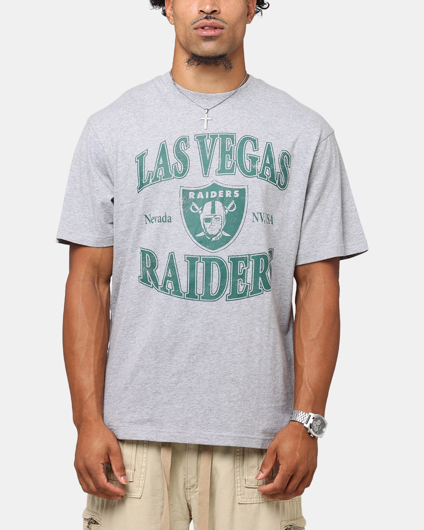 Majestic Athletic Las Vegas Raiders Marne Arch T-Shirt Grey Marle Layered Hem Detail Comfort Style