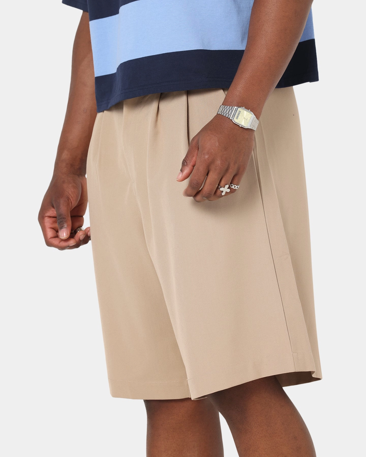 Multi Panel Cut Athletic Silhouette XXIII Baggy Pleated Shorts Tan