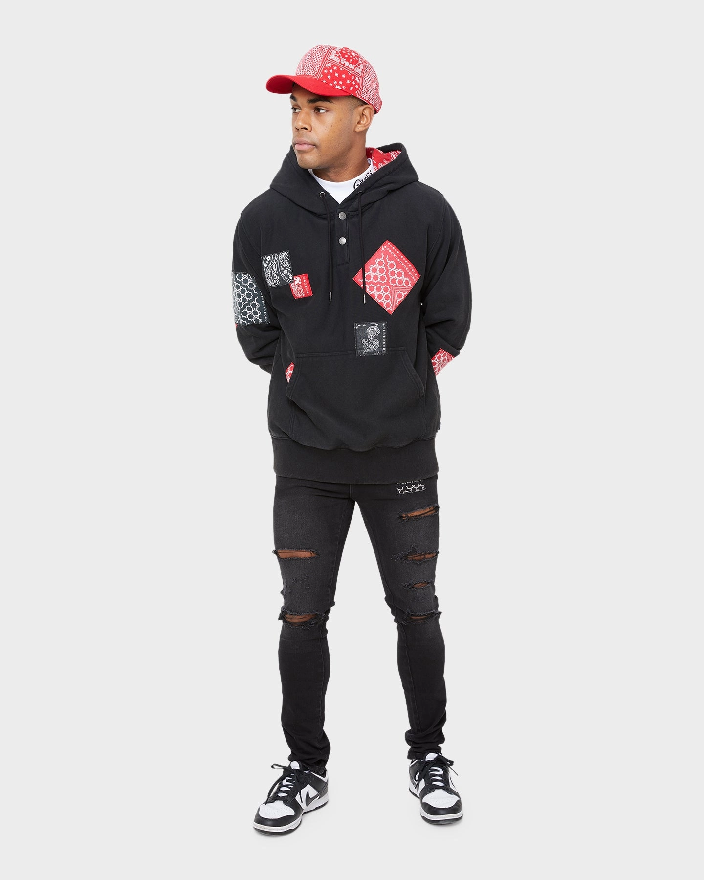 snowy New Year's Carre Bandana Ultra Patchwork Hoodie Washed Black