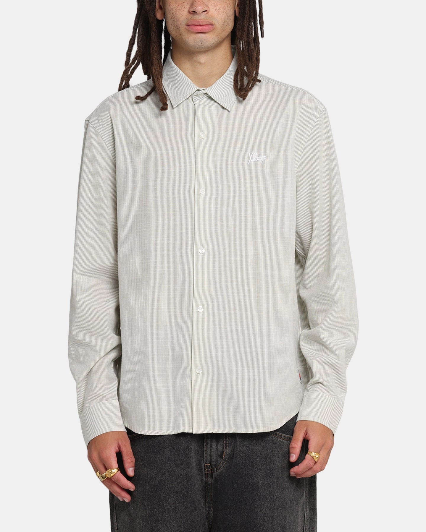 Neutral Colors X-Large Oxford Script Button Up Shirt Olive