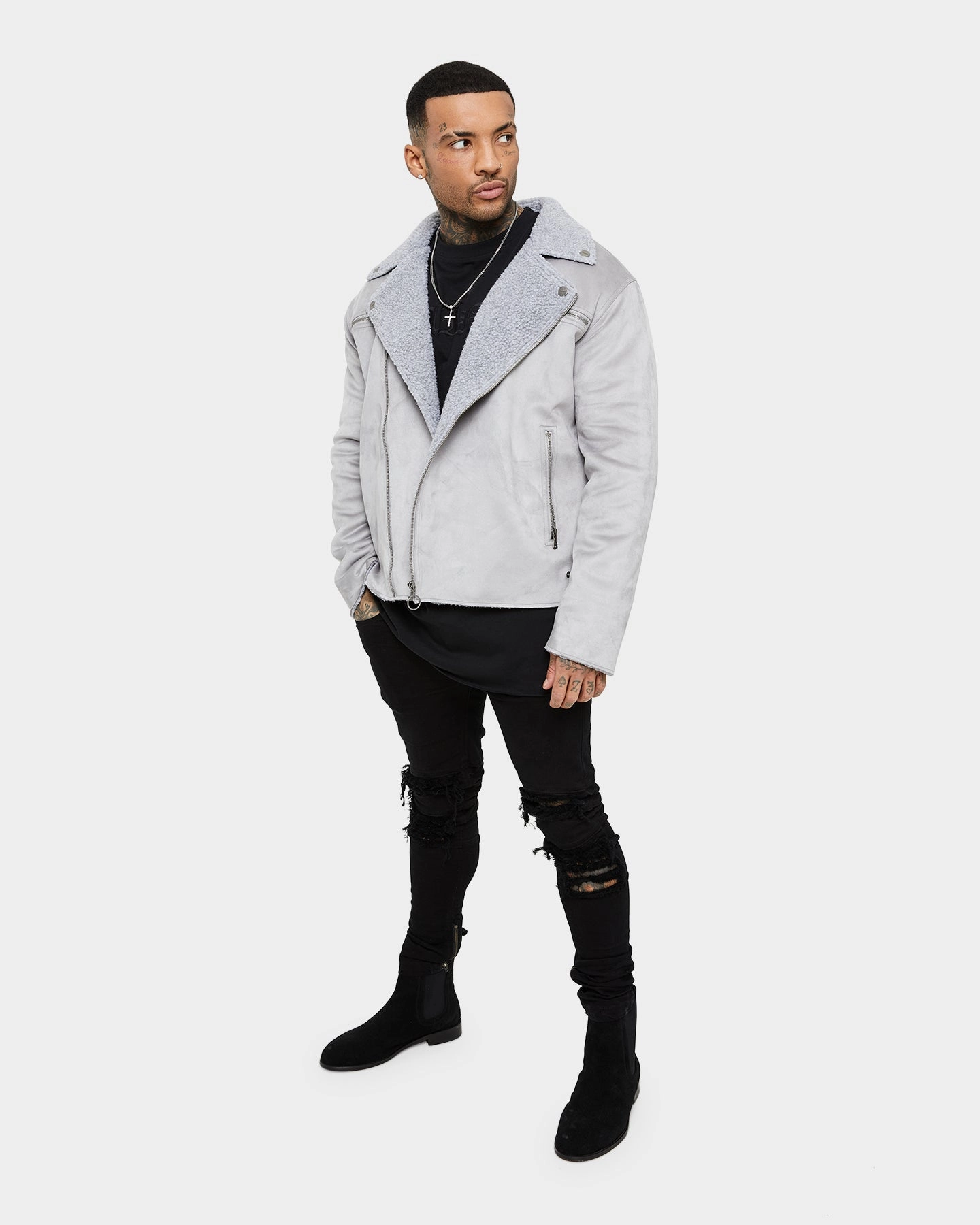Saint Morta Deathproof Imperial Sherpa Biker Jackett Light Grey Spectacles Fashion Layer