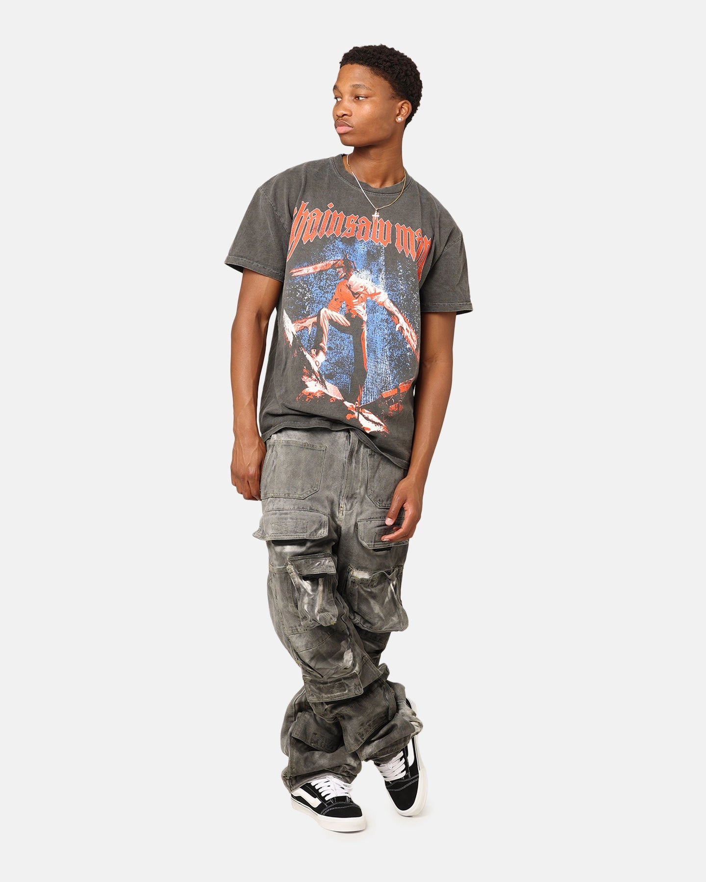 Layered Shoulder Design Travel Essential Goat Crew X Chainsaw Man Heavyweight T-Shirt Black Wash