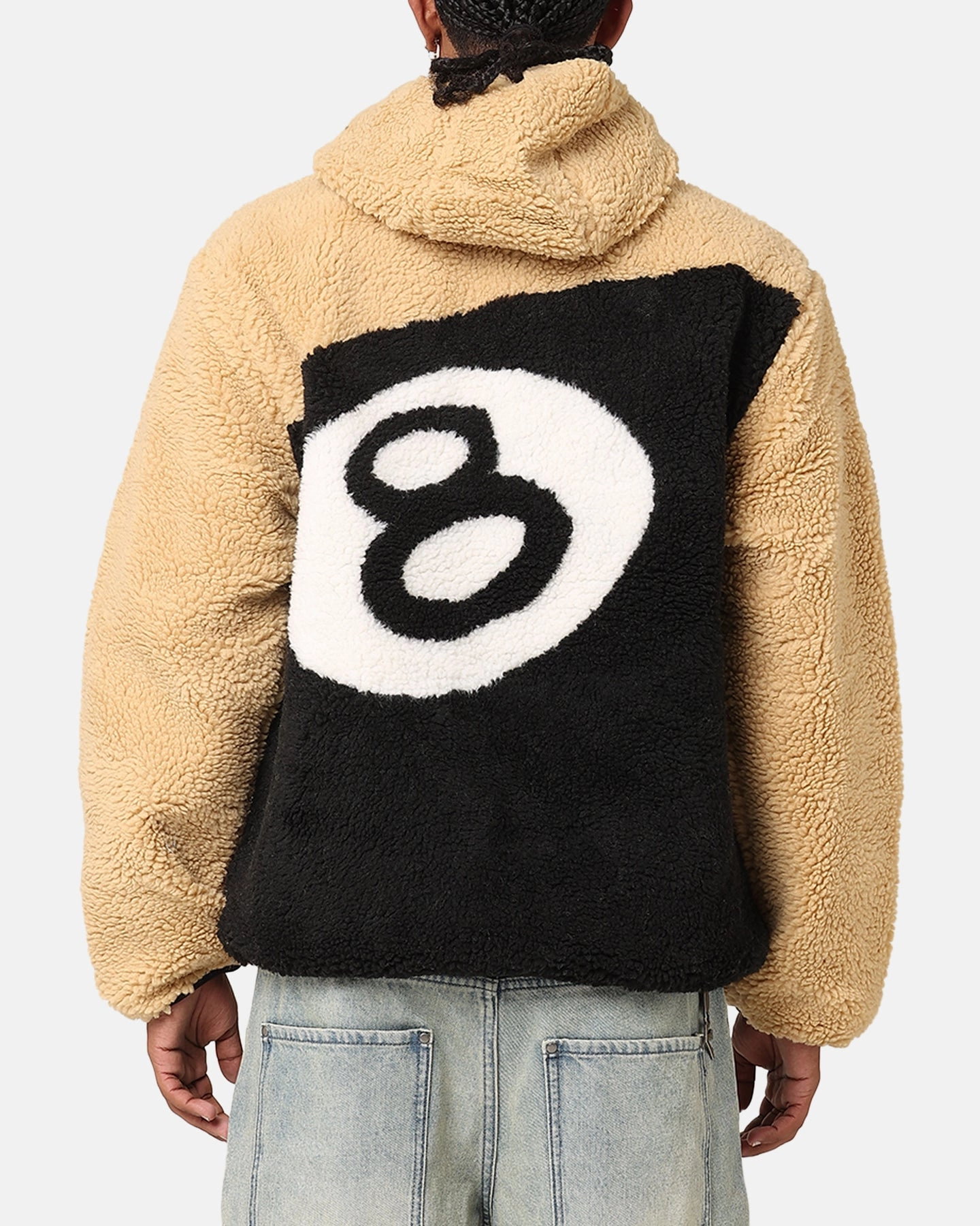 St??ssy 8 Ball Sherpa Reversible Hoodie Tan Fray Resistant Finish HiddenStorage