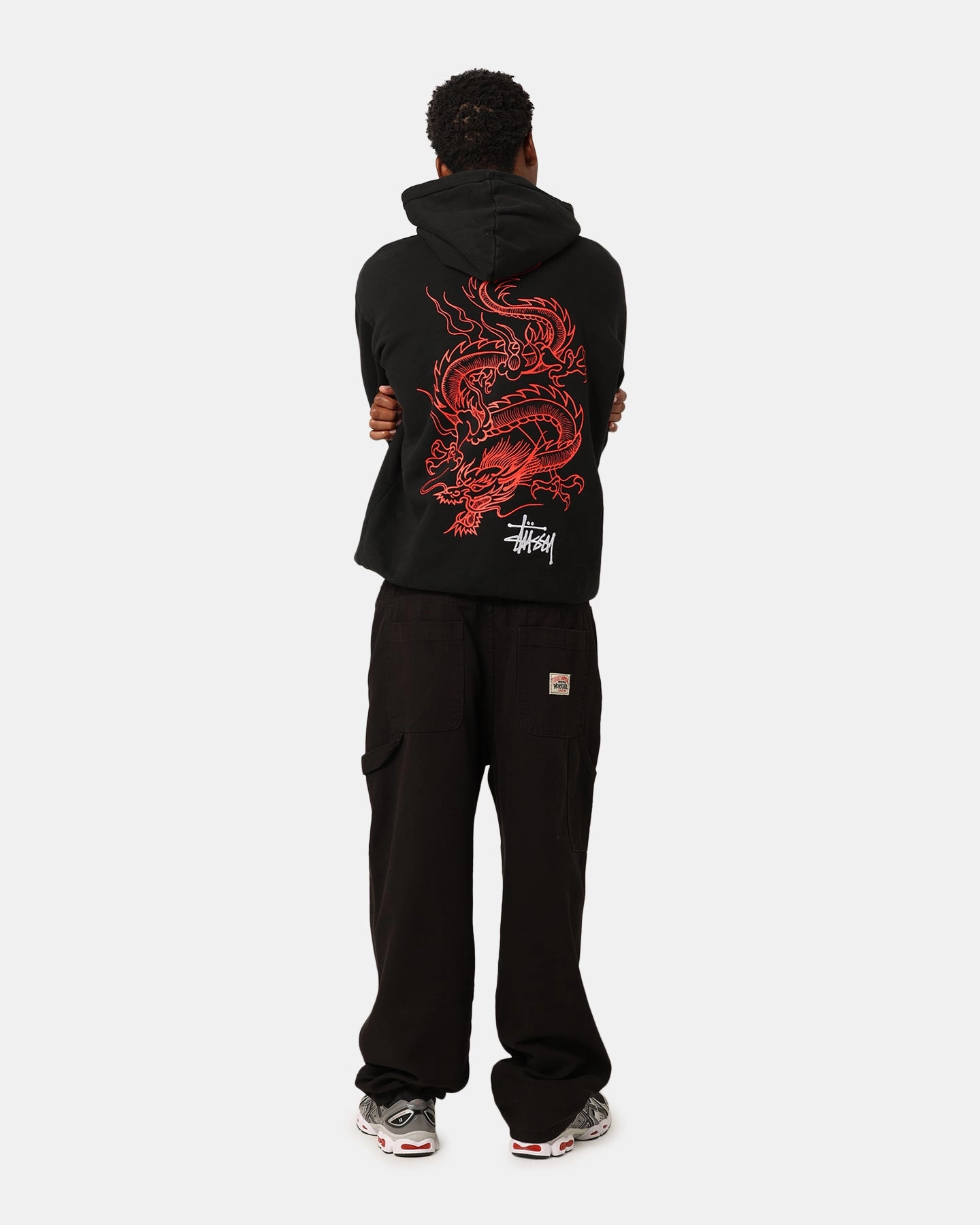 St??ssy Dragon Hoodie Pigment Black Breathable Lining Layered Collar Design