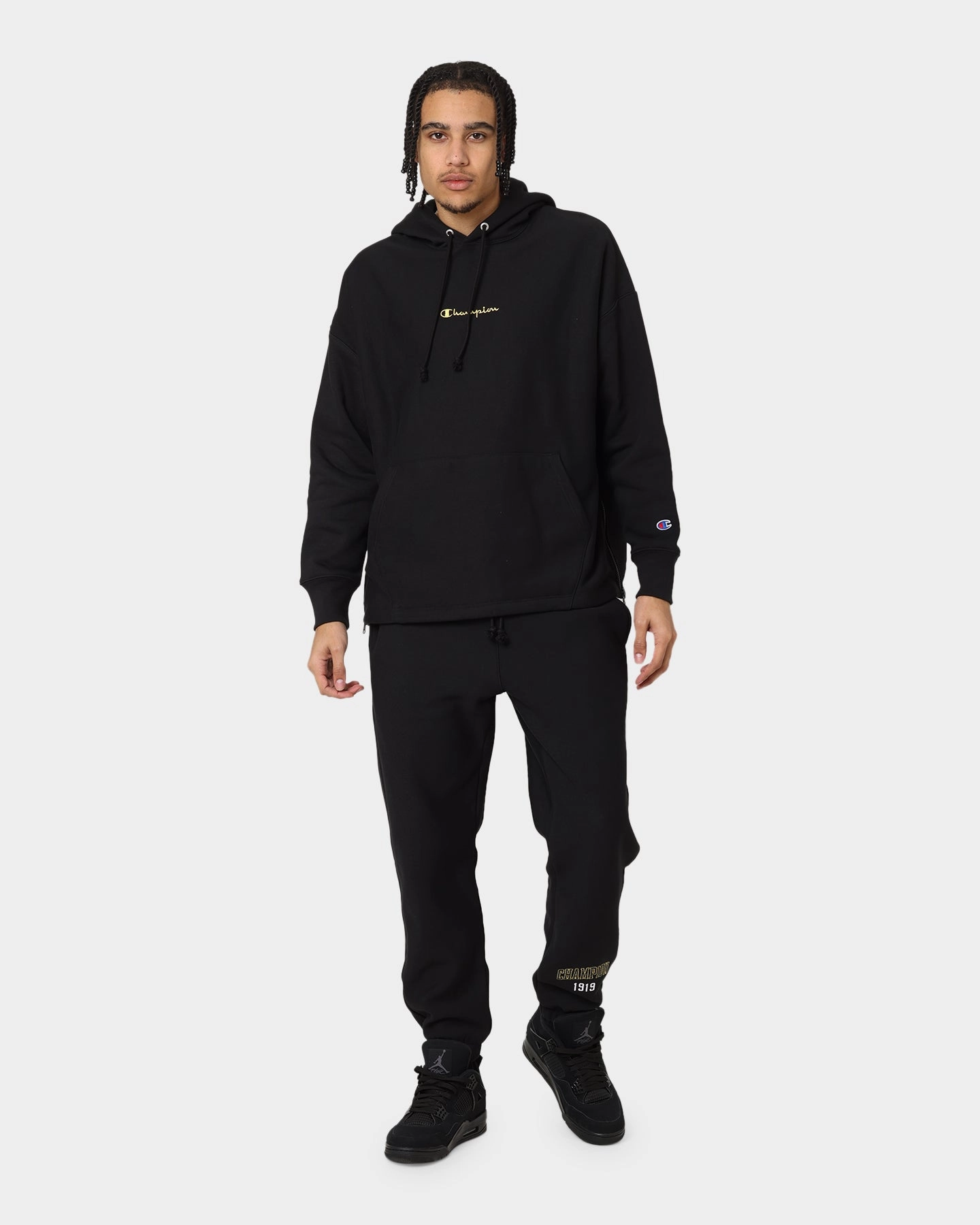 Reflective Piping Champion Reverse Weave Relaxed Hem Zip Hoodie Black/Gold