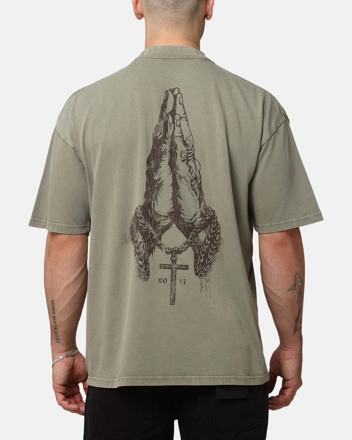 Saint Morta Pray For Me Mock Neck T-Shirt Vintage Khaki Simple and Chic Fashion Essential