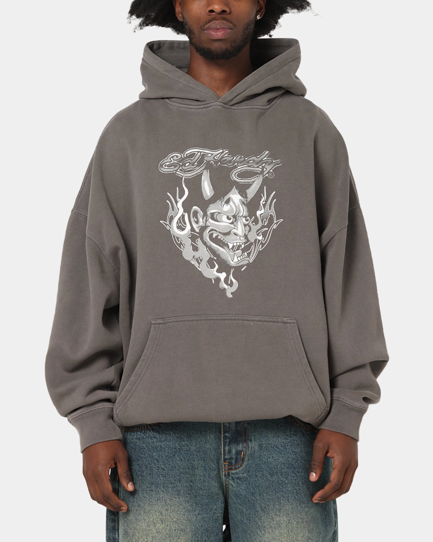 Ed Hardy Double Horns Hoodie Washed Charcoal Moisture Management System