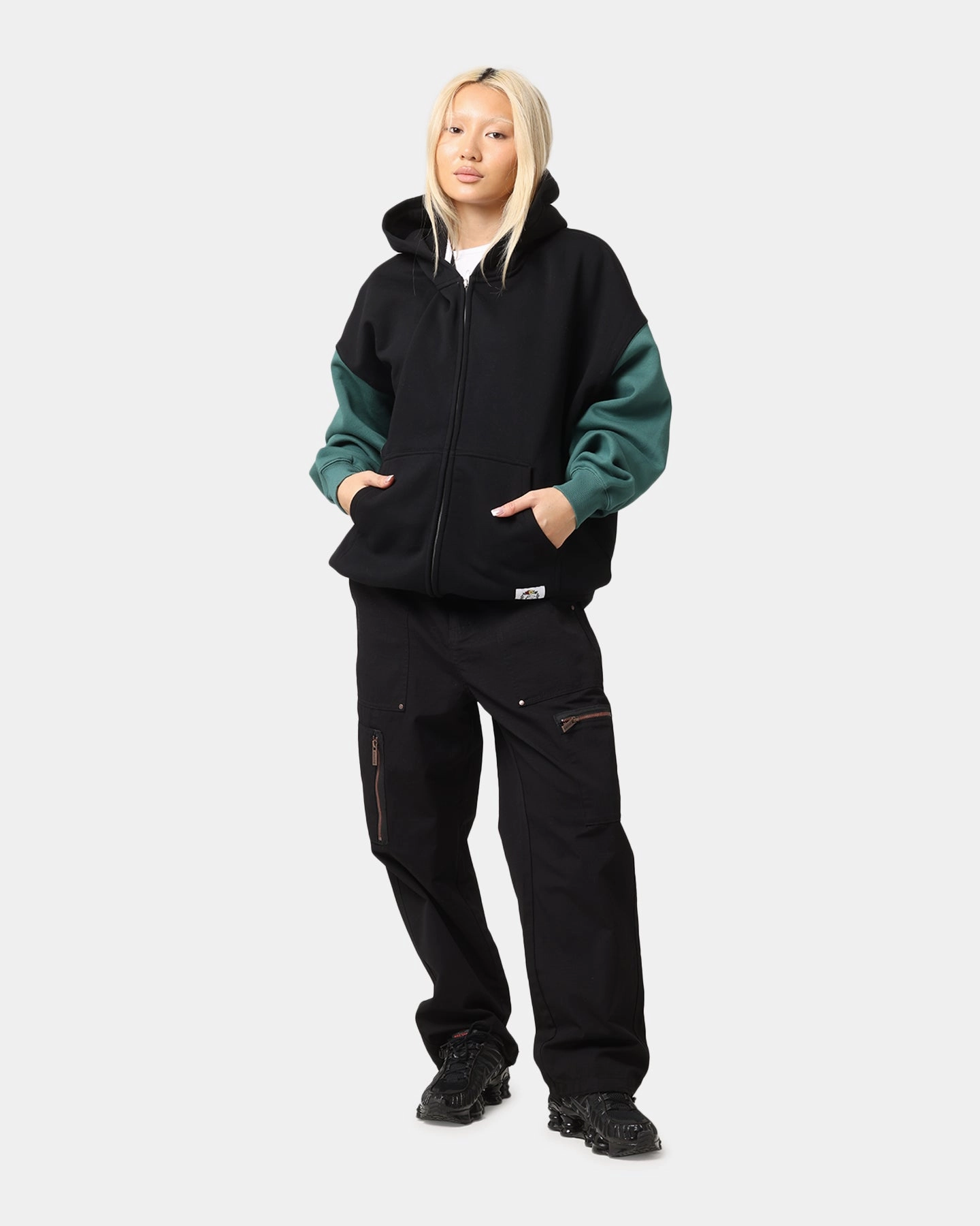 Carre Floral Full Zip Hoodie Black/Green Easy Protection Hook and loop fasteners
