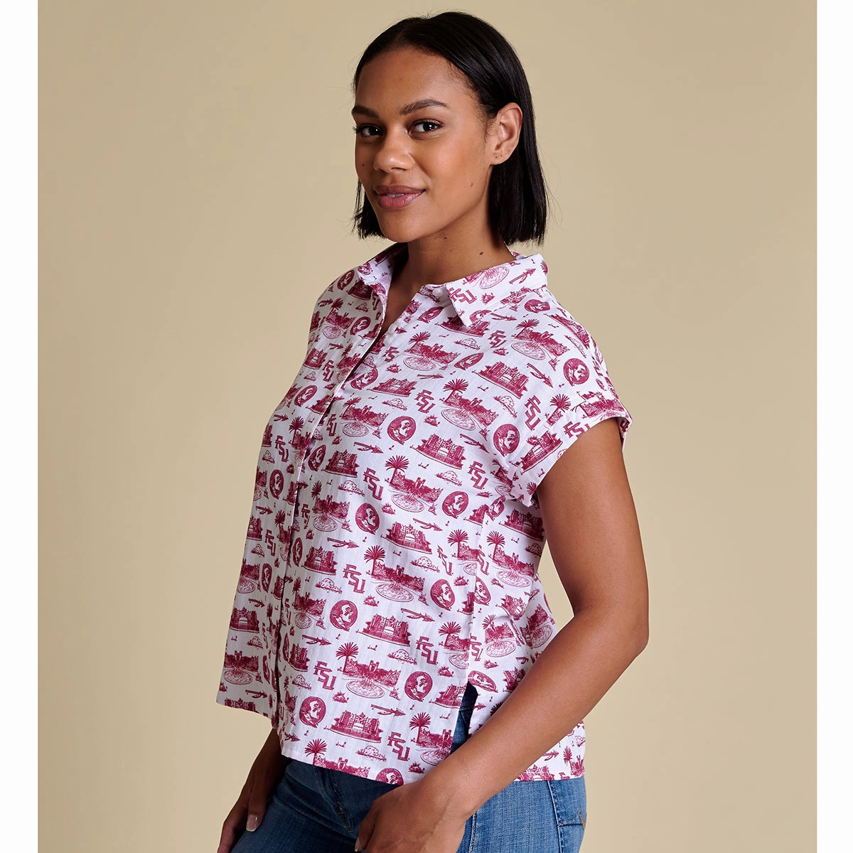 WrinkleResistant Texture Stewart Simmons Women's Florida State Campus Design Short Sleeve Button Up Blouse - White