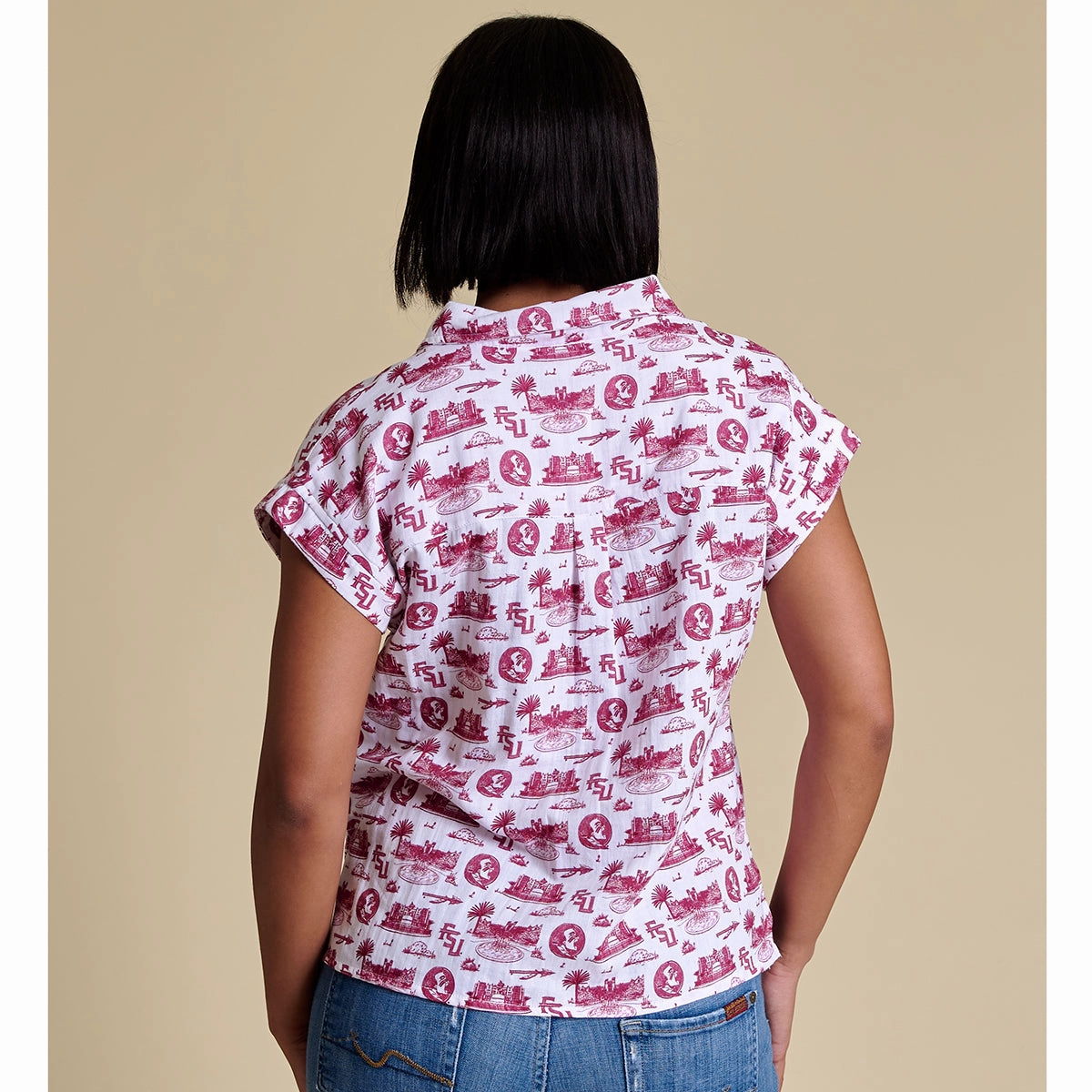 Spring Freshness Stewart Simmons Women's Florida State Campus Design Short Sleeve Button Up Blouse - White