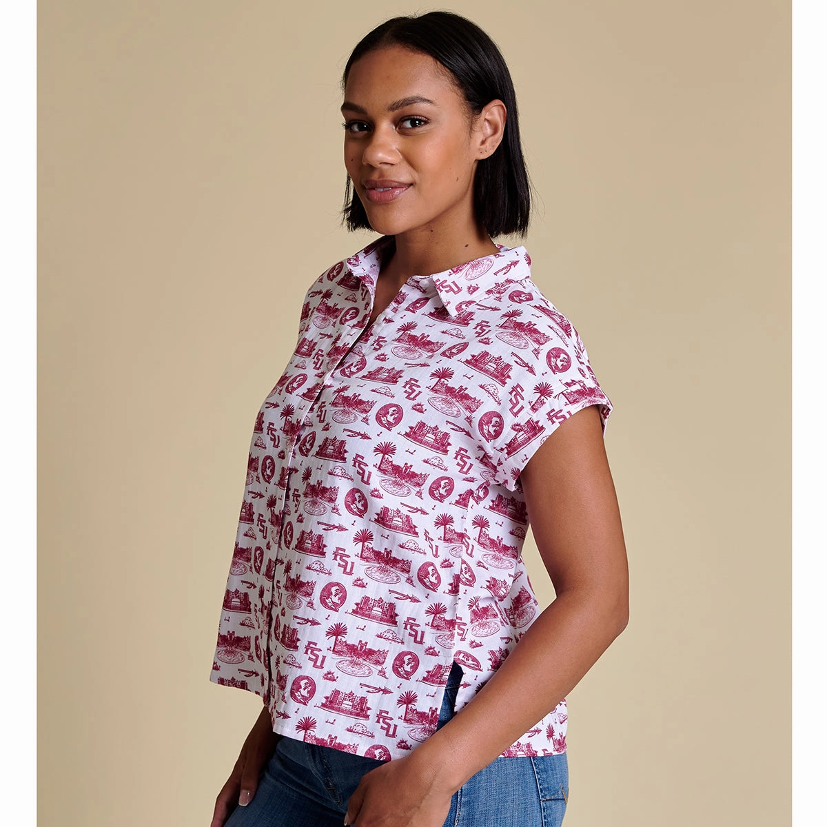 Stewart Simmons Women's Florida State Campus Design Short Sleeve Button Up Blouse - White Comfortable Casual GarmentDyedTexture
