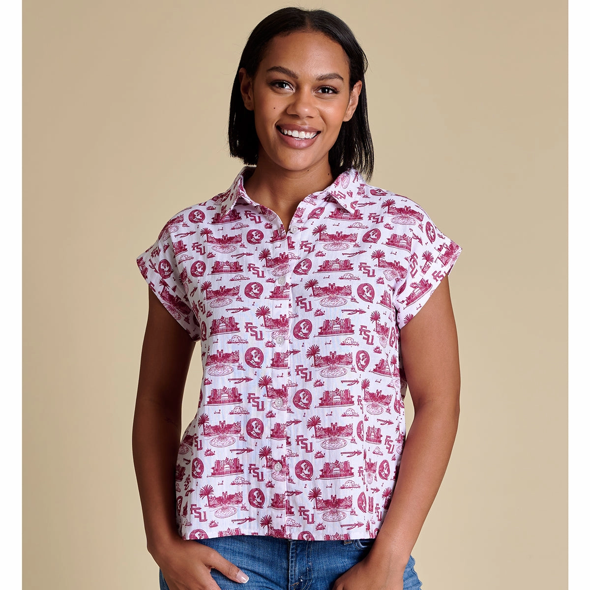 Trendy Layering Stewart Simmons Women's Florida State Campus Design Short Sleeve Button Up Blouse - White