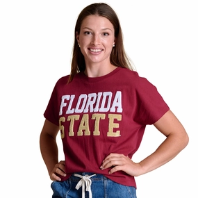 Stewart Simmons Women's Florida State Chenille Design French Terry Short Sleeve Boxy Top - Garnet Street Trend Look Modern Layering