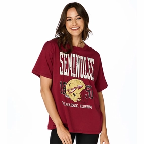 Stewart Simmons Women's Seminoles/Helmet Design Oversized Short Sleeve T-shirt - Garnet UVProtectionFinish