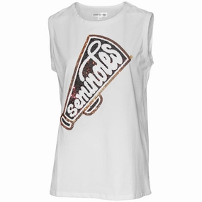 Reinforced Shoulder Structure Stewart Simmons Women's Seminoles Megaphone Sequin Design Relaxed Muscle Tank - White