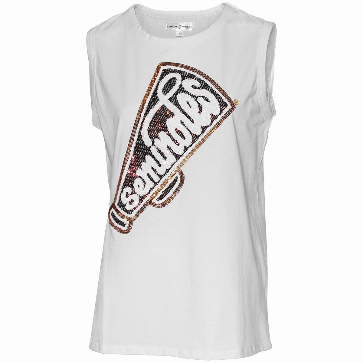 Stewart Simmons Women's Seminoles Megaphone Sequin Design Relaxed Muscle Tank - White Vented Panels