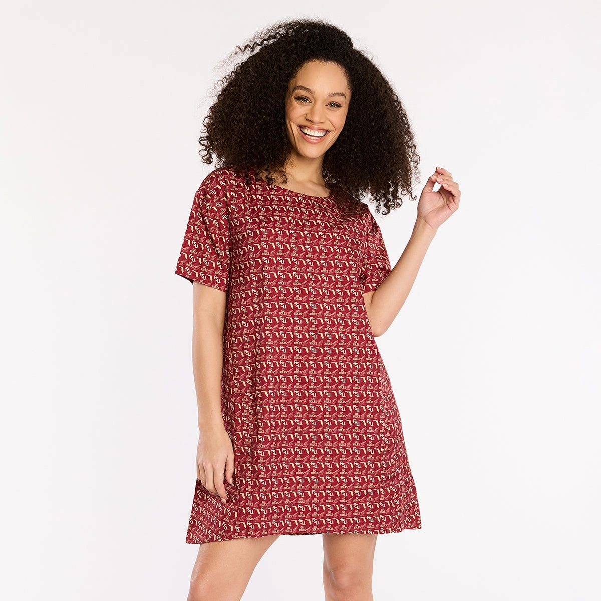 Stewart Simmons Women's Stacked FSU/Arrowhead Sublimated Pattern A-line Dress - Garnet Shiny-Lining