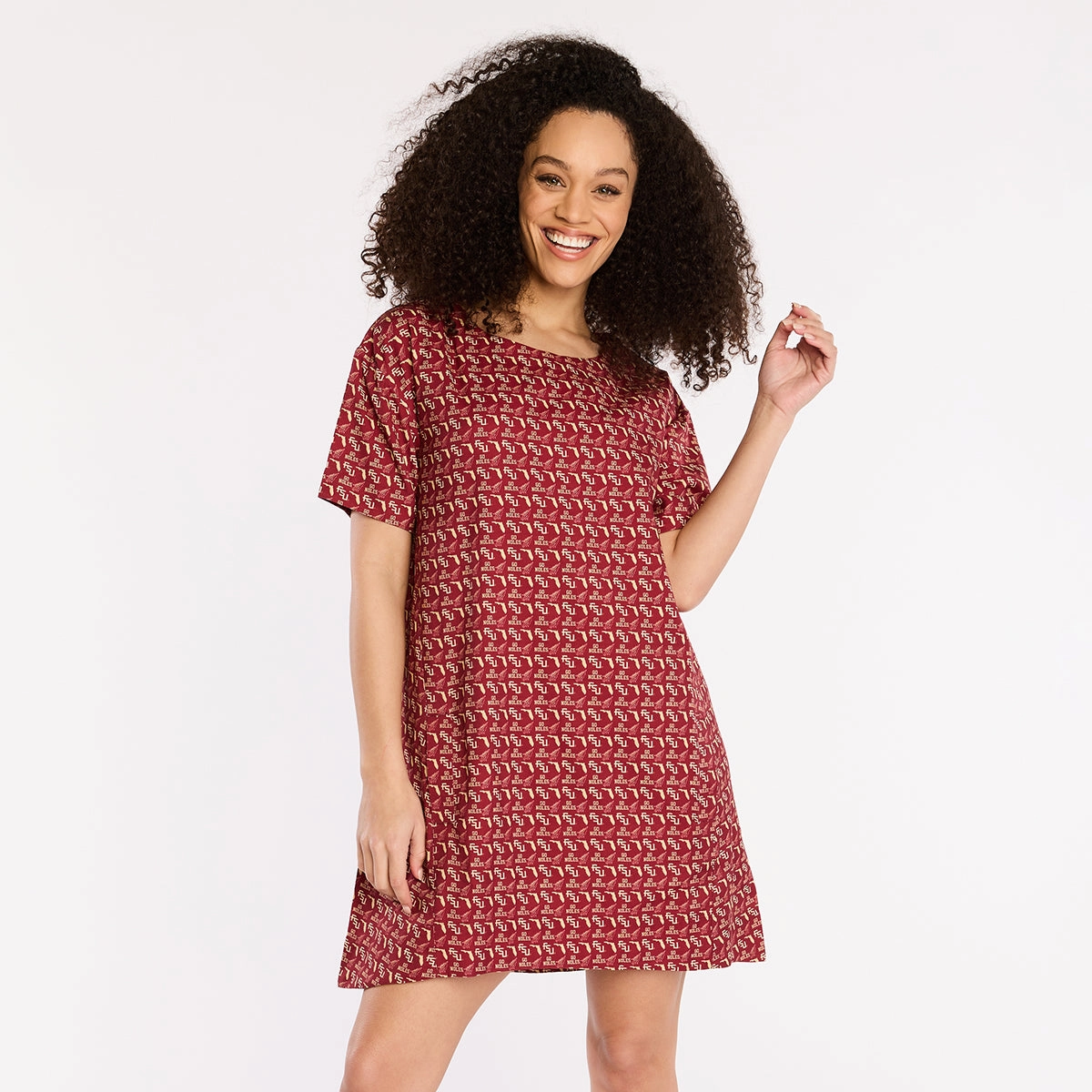 Sleeveless Cut Travel Light Stewart Simmons Women's Stacked FSU/Arrowhead Sublimated Pattern A-line Dress - Garnet