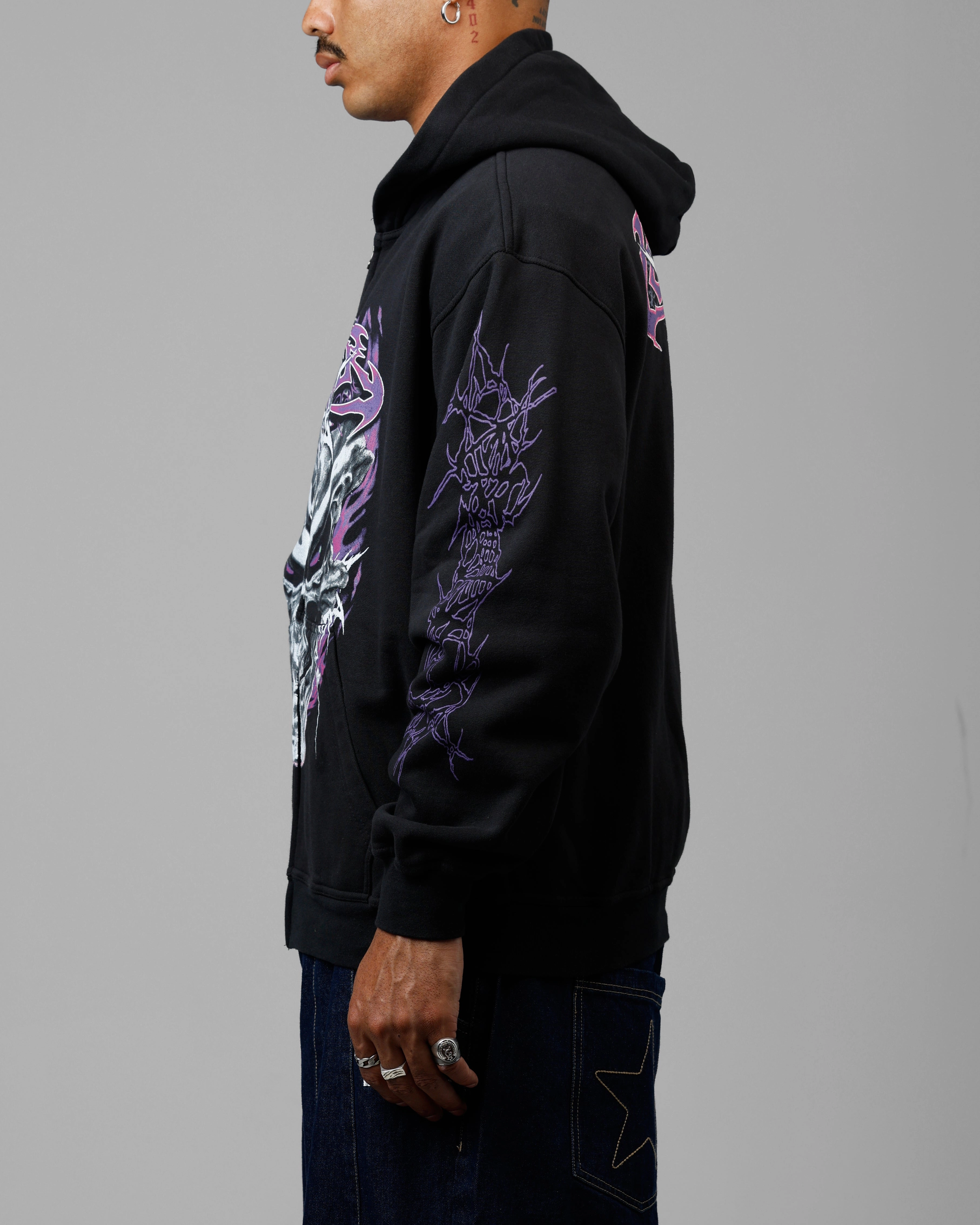 Loiter Tribal Skull Zip Up Hoodie Black Multipurpose Utility Reveal