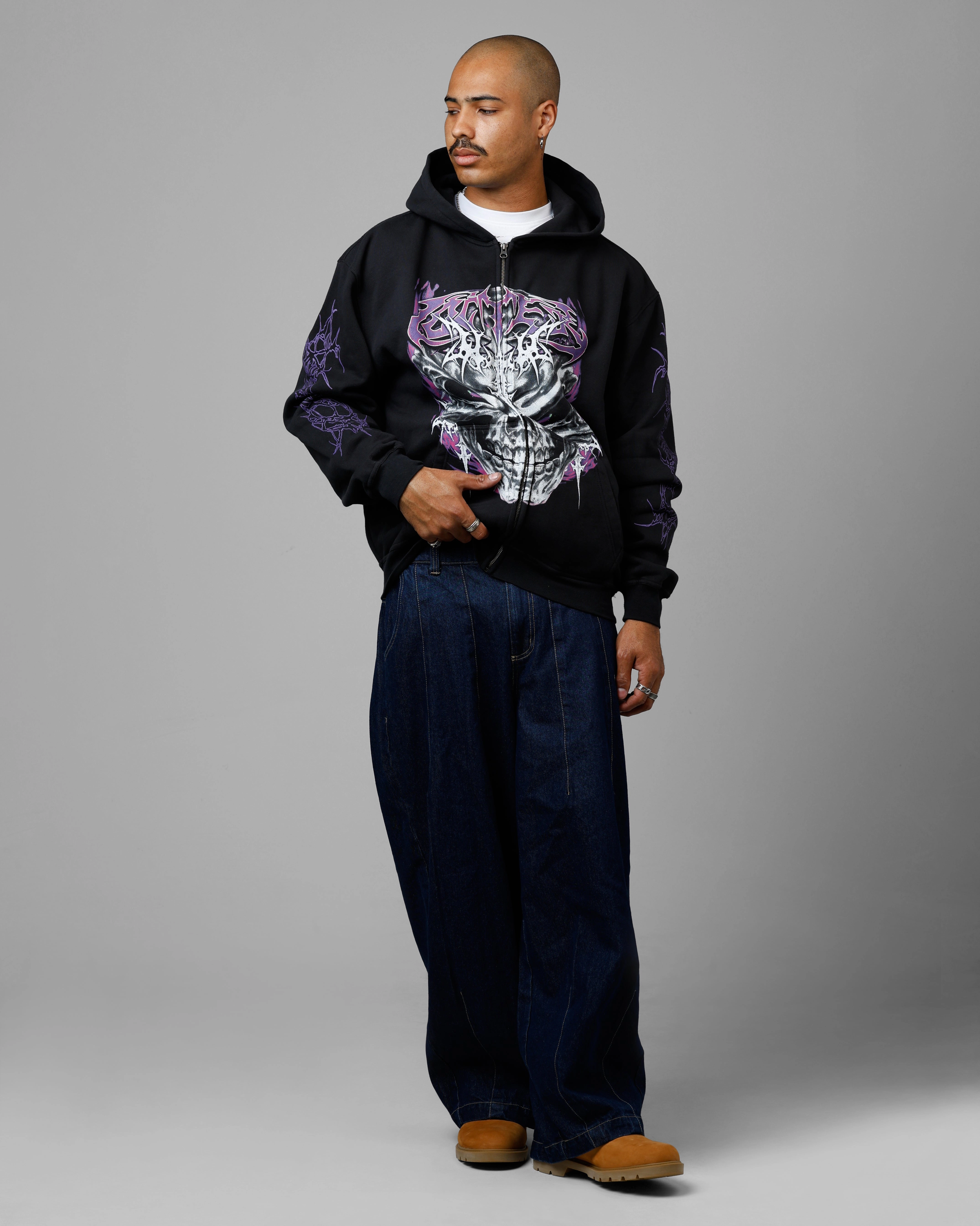 Stole Loiter Tribal Skull Zip Up Hoodie Black