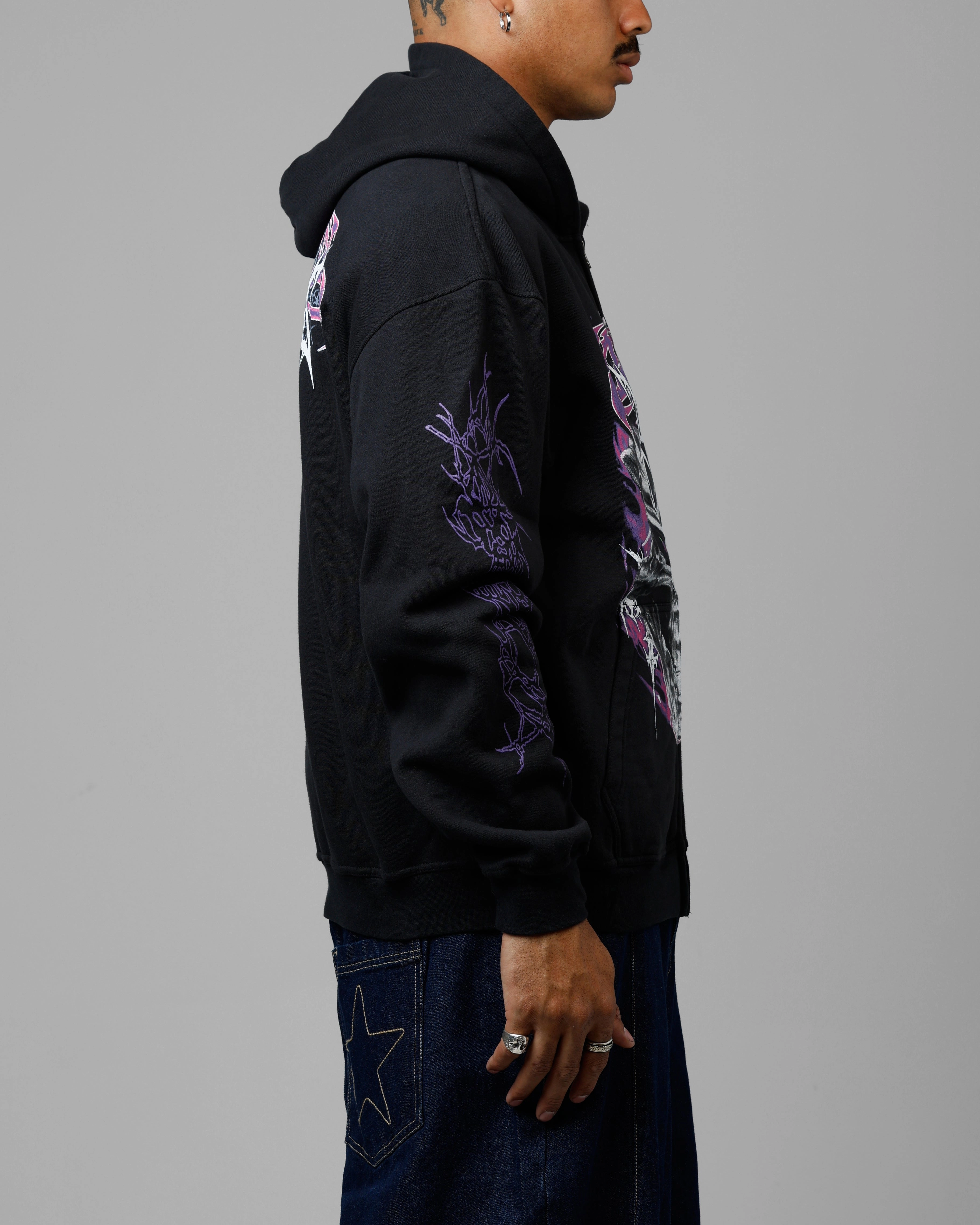 Loiter Tribal Skull Zip Up Hoodie Black Collarless