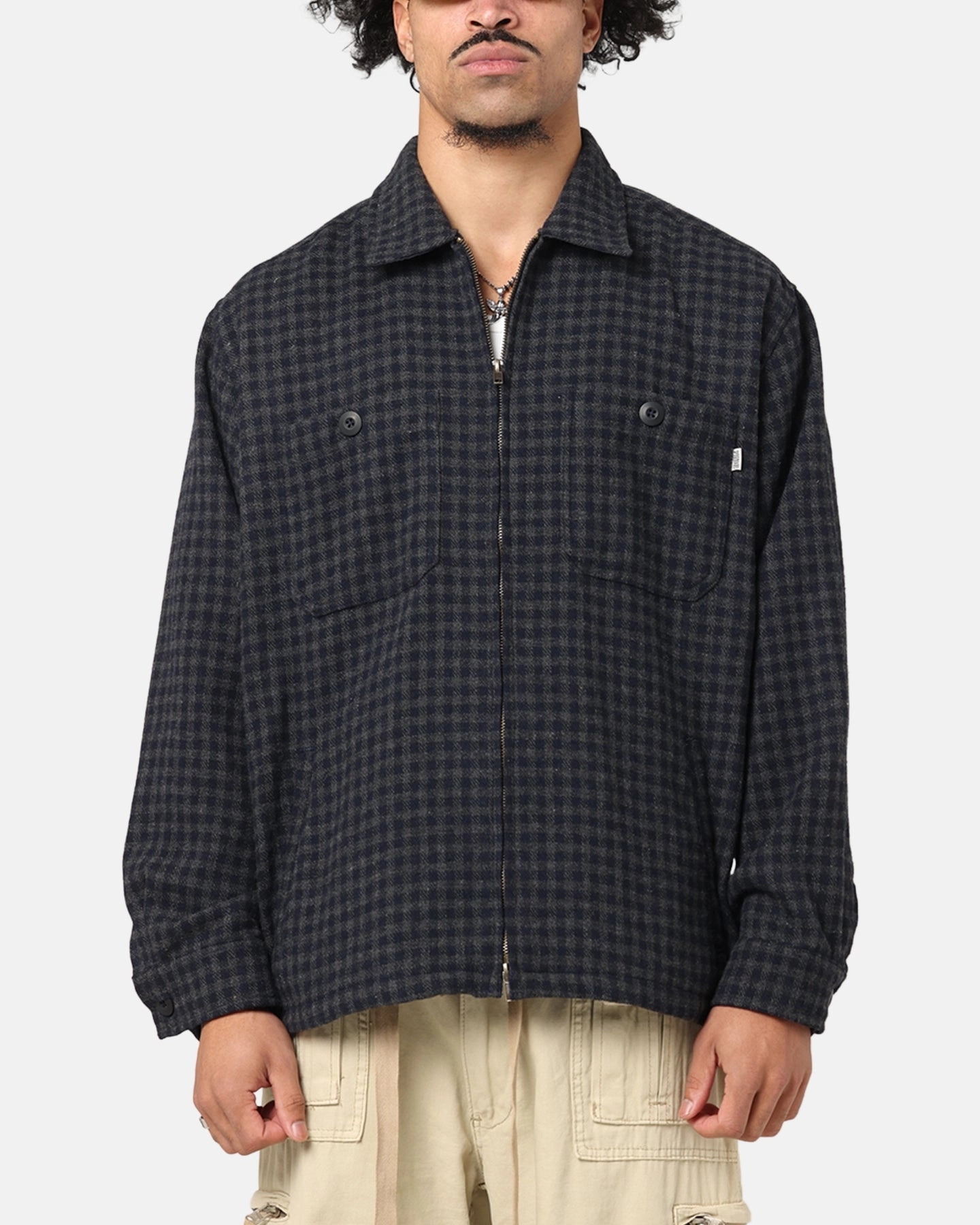 S Double Plaid Zip Through Long Sleeve Shirt Brown Sell