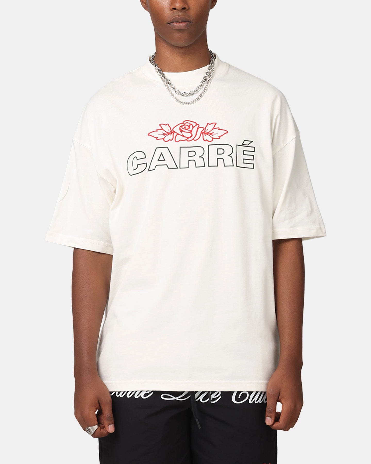 Comfy Casual Beachwear Carre Rosebud Mock Neck T-Shirt Off White