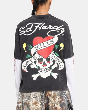 Ed Hardy Love Kills Layered Long Sleeve T-Shirt Black Scoop neck Everyday Layering