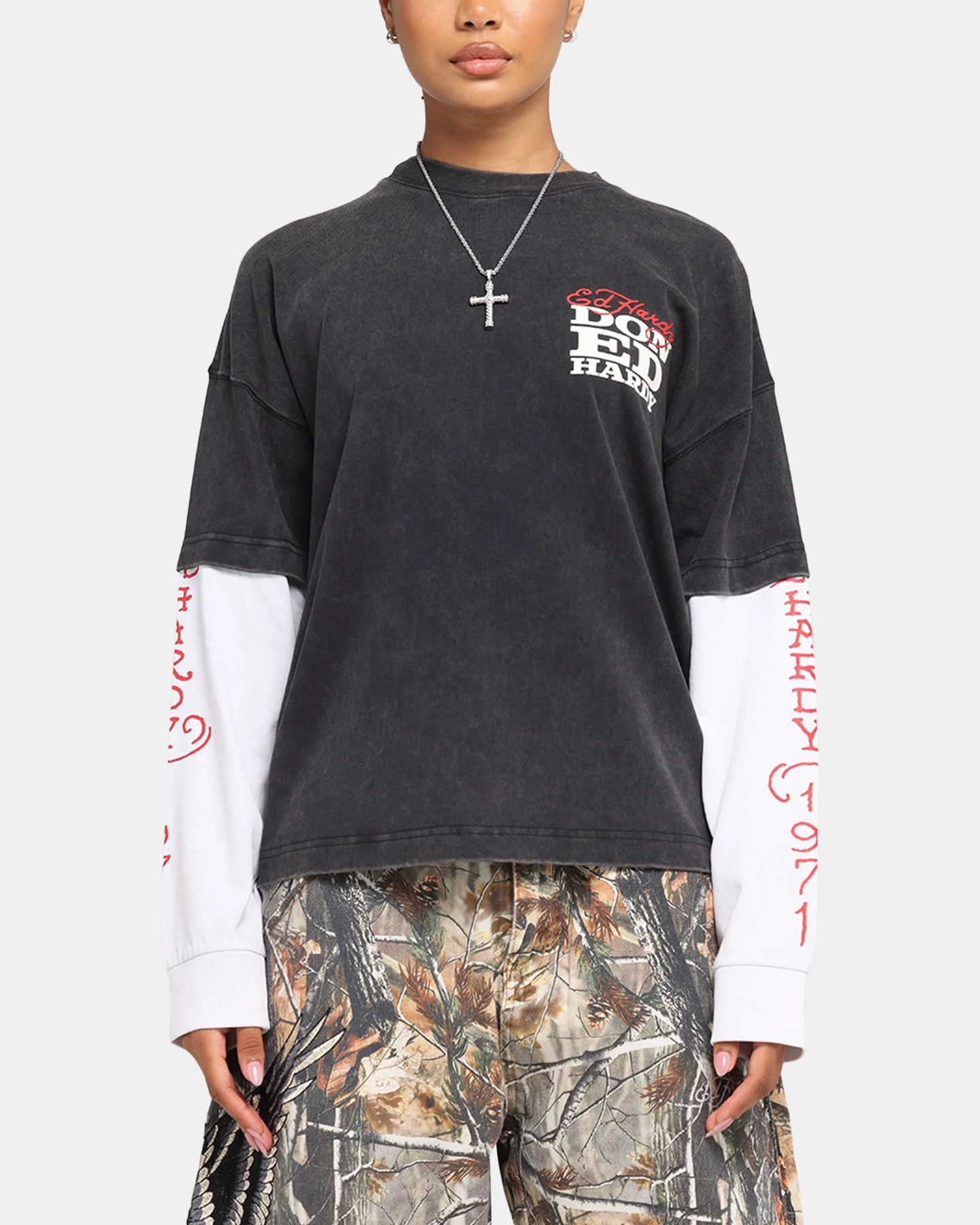 Ed Hardy Love Kills Layered Long Sleeve T-Shirt Black UltraSoftBrushedInterior Smooth Flatlock Stitching