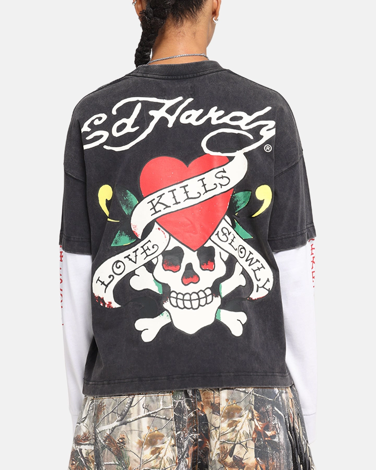 Ed Hardy Love Kills Layered Long Sleeve T-Shirt Black Scoop neck Everyday Layering