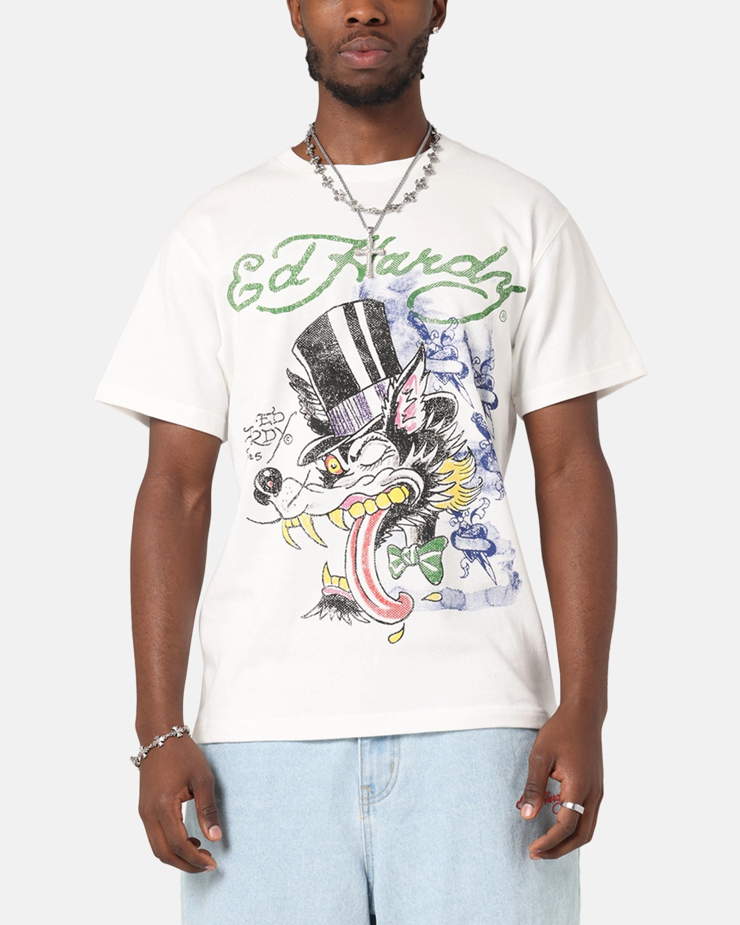 Flexible Cuff Design Ed Hardy Wolf Vintage T-Shirt Off White
