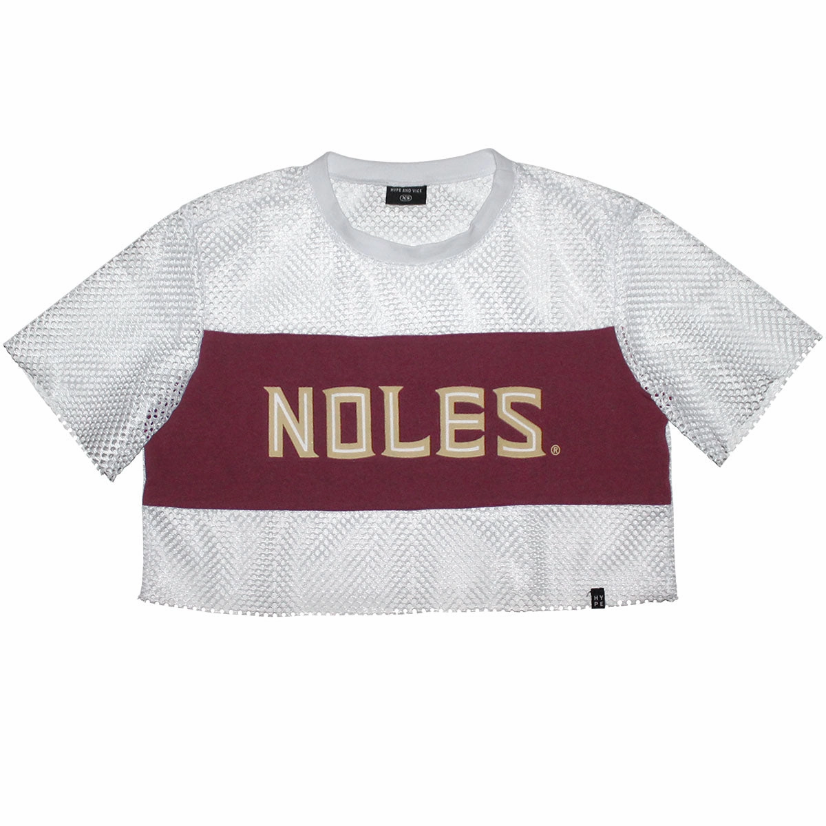 Hype & Vice Women's Noles Short Sleeve Mesh Crop Top - White/Garnet Ribbed Collar Trim Chill Fit