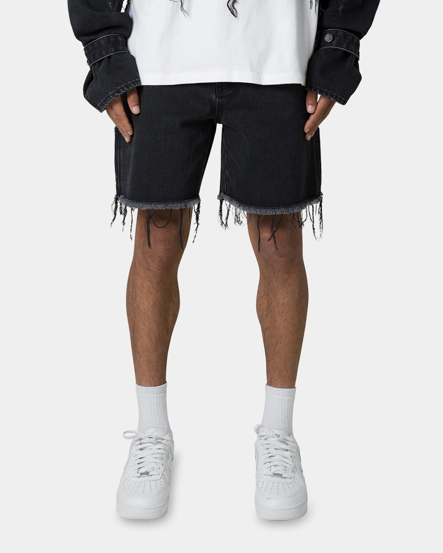 MNML Frayed Denim Shorts Washed Black Glide On Mobility Cut Abrasion Resistant Surface