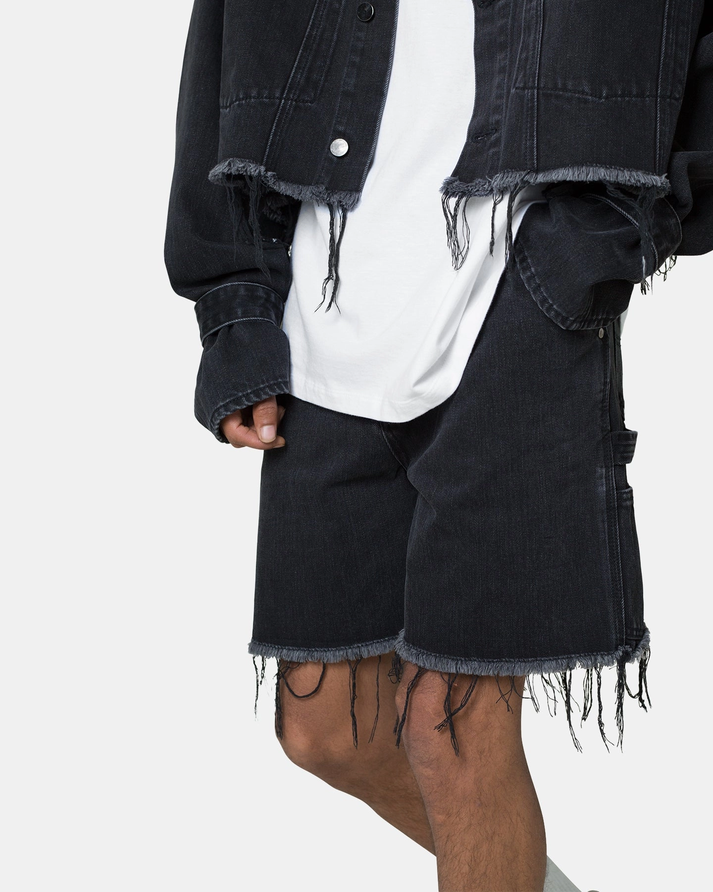 clubbing attire Handmade MNML Frayed Denim Shorts Washed Black
