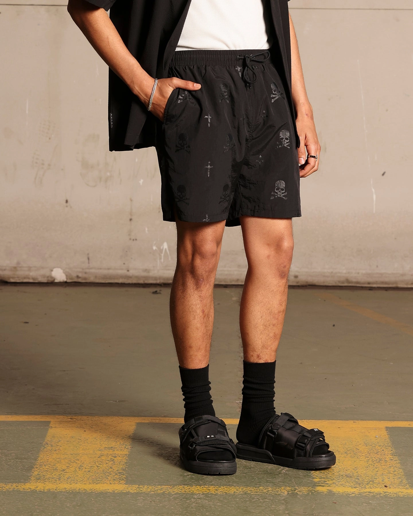 Saint Morta Skull And Bones Beach Shorts Black spandex blend Classic Shorts