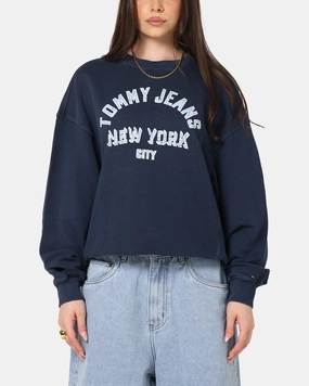 Tommy Jeans Women's TJW Varsity Crewneck Dark Night Navy Simple Comfort Ultra Soft Brushed Interior