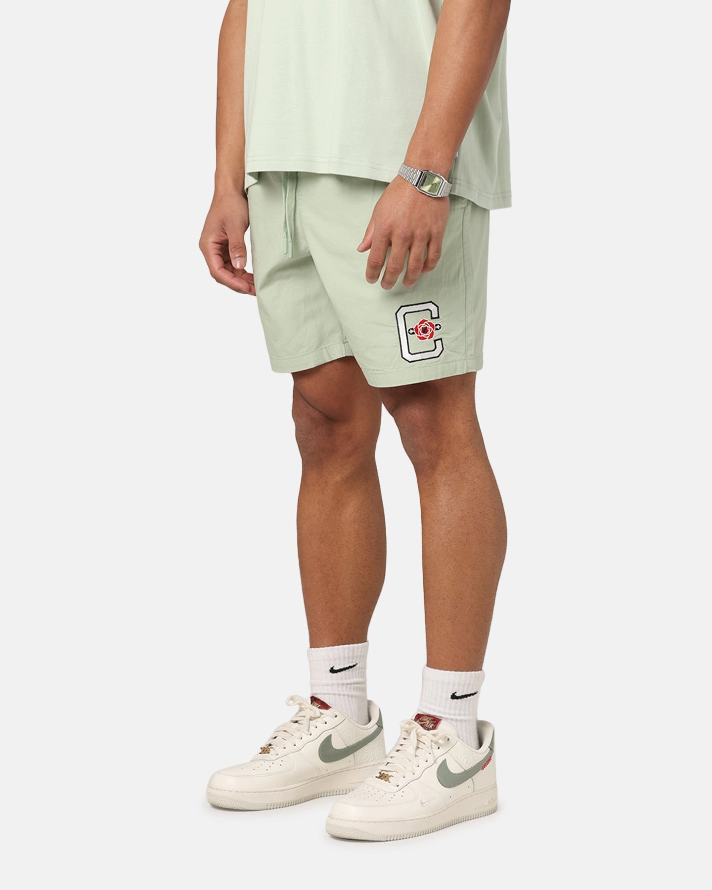 Rubberized Grip Waistband Carre Rose Beach Shorts Sage