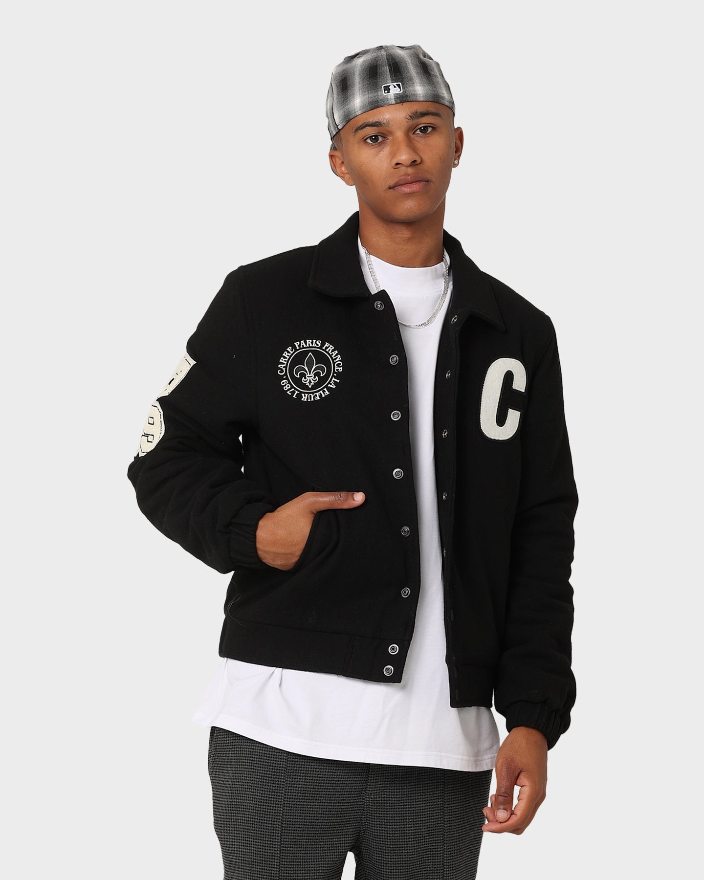 Double Stitched Edging Trend Carre Class Varsity Jacket Black