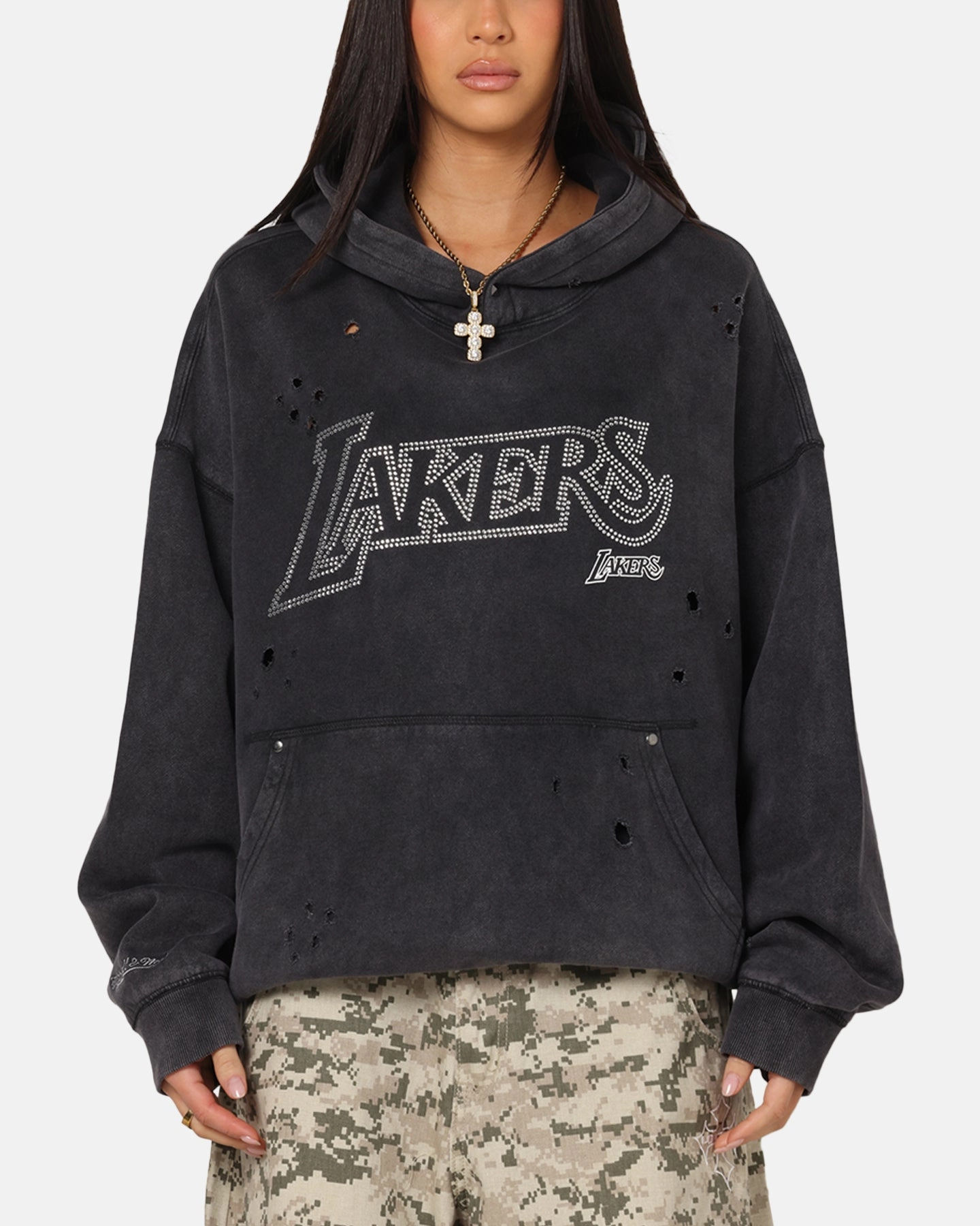 Mitchell & Ness Los Angeles Lakers Distressed Rhinestone Logo Hoodie Faded Black Bohemian