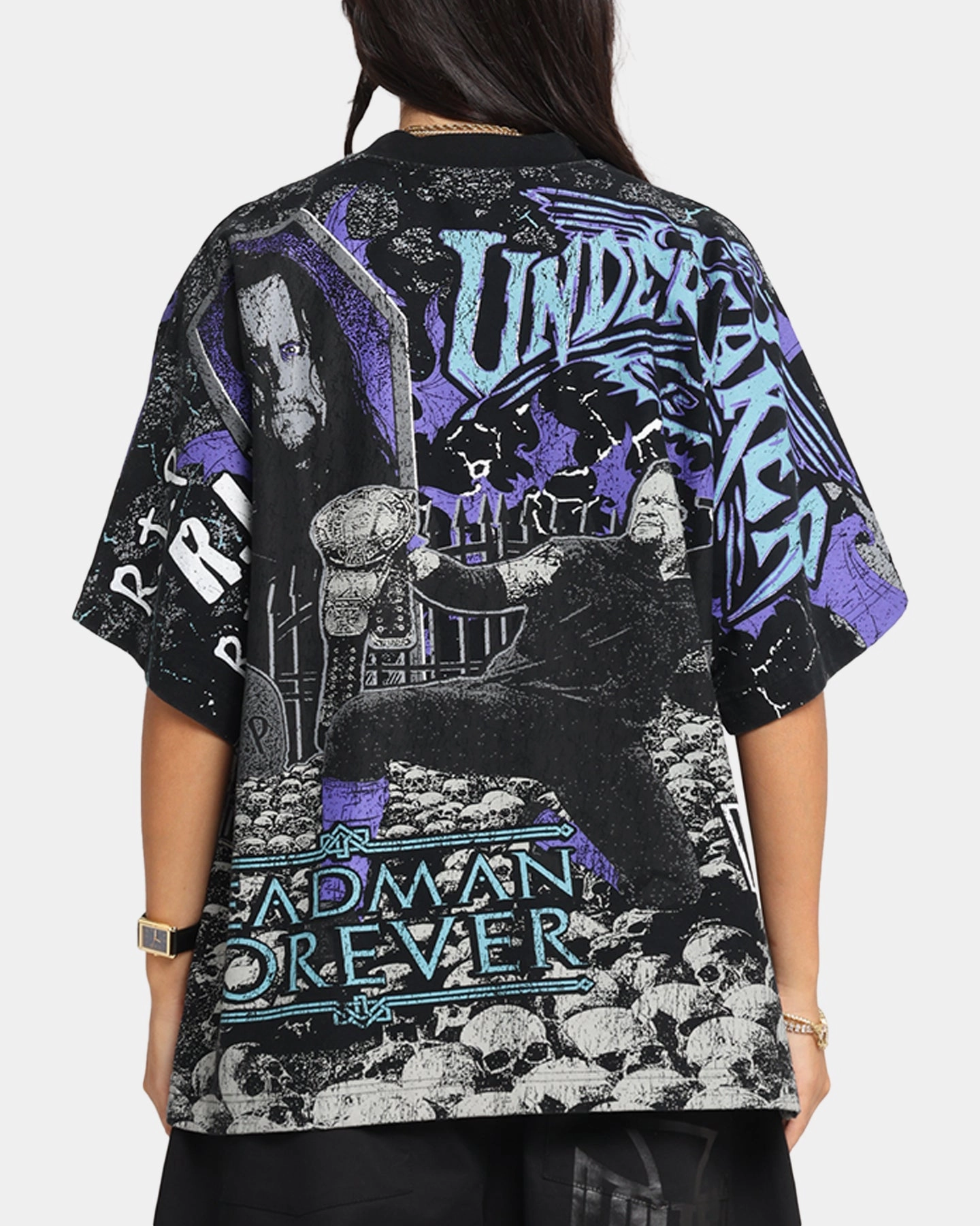Culture Kings X WWE Undertaker All Over Print T-Shirt Black Vintage Wash Effect