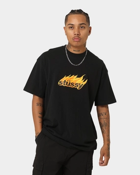 Versatile Layer Striped modernity Stussy Flames T-Shirt Black