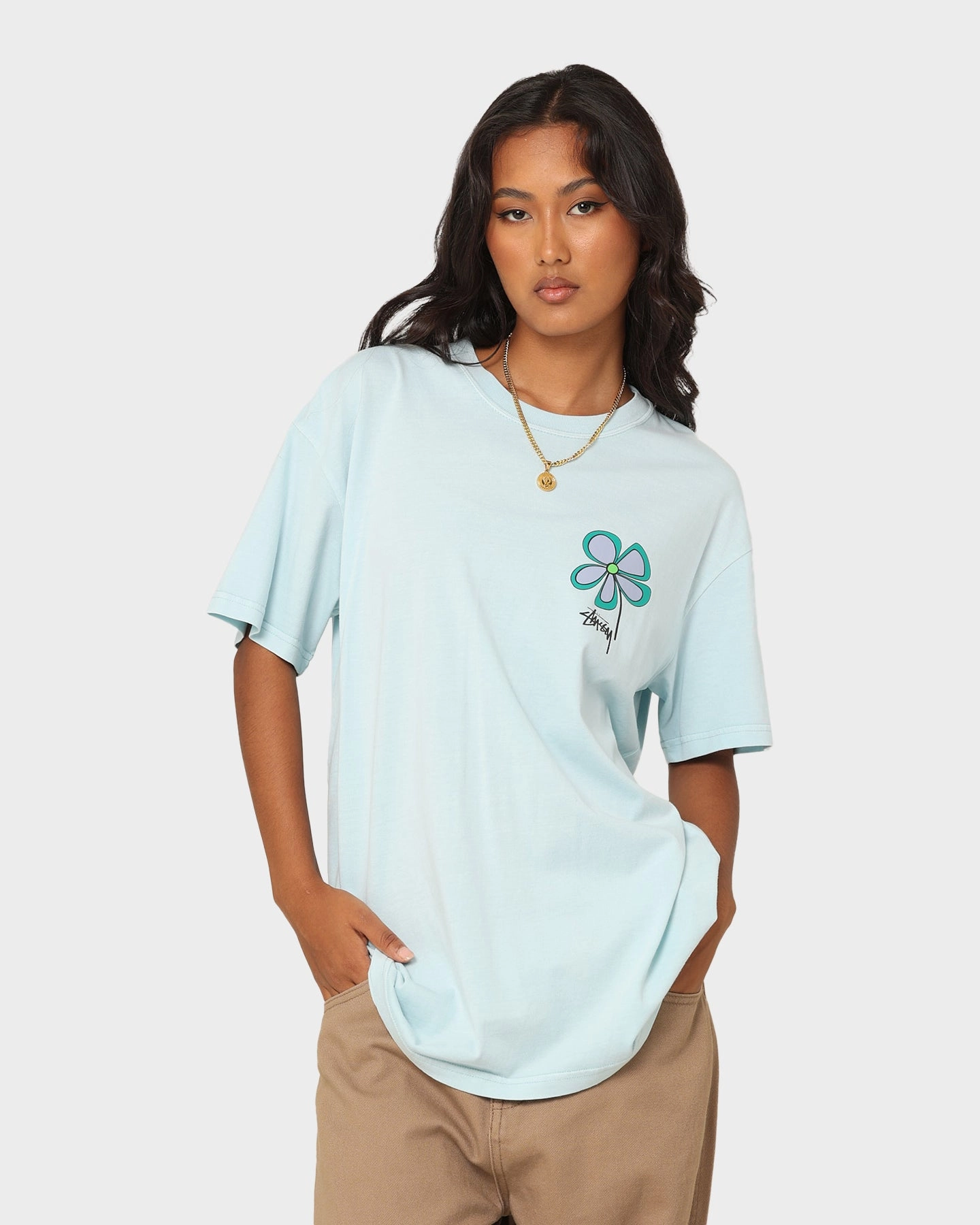 Cool Fit Stussy Flower 50-50 T-Shirt Pigment Light Blue