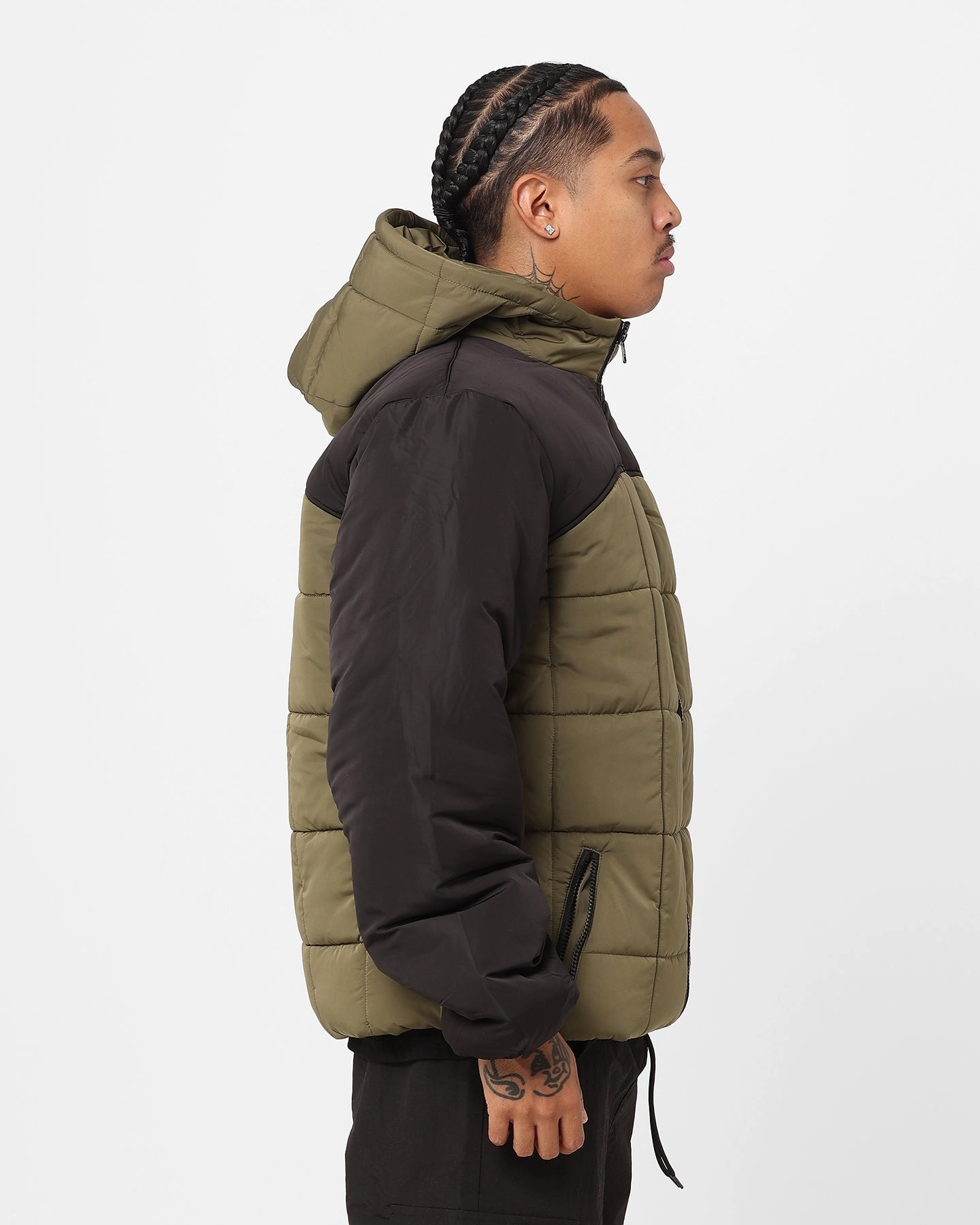 Stussy Hooded Square Puffa Jacket Khaki/Black Heavyweight Card