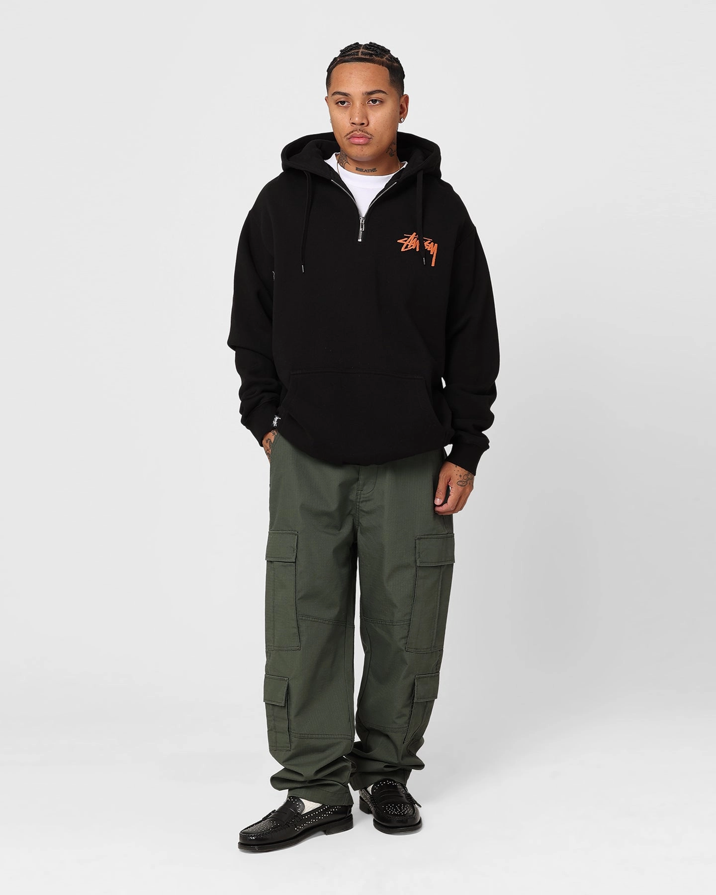 Stussy How We're Living 1/4 Zip Fleece Hoodie Solid Black NoiseReduced Closure System
