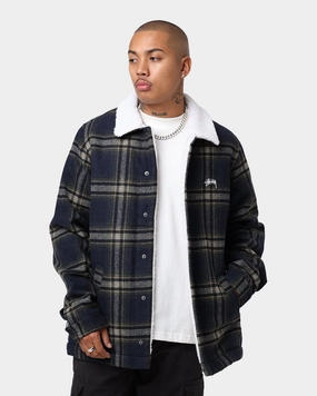 Windproof Design Stussy Plaid Sherpa Jacket Navy Check