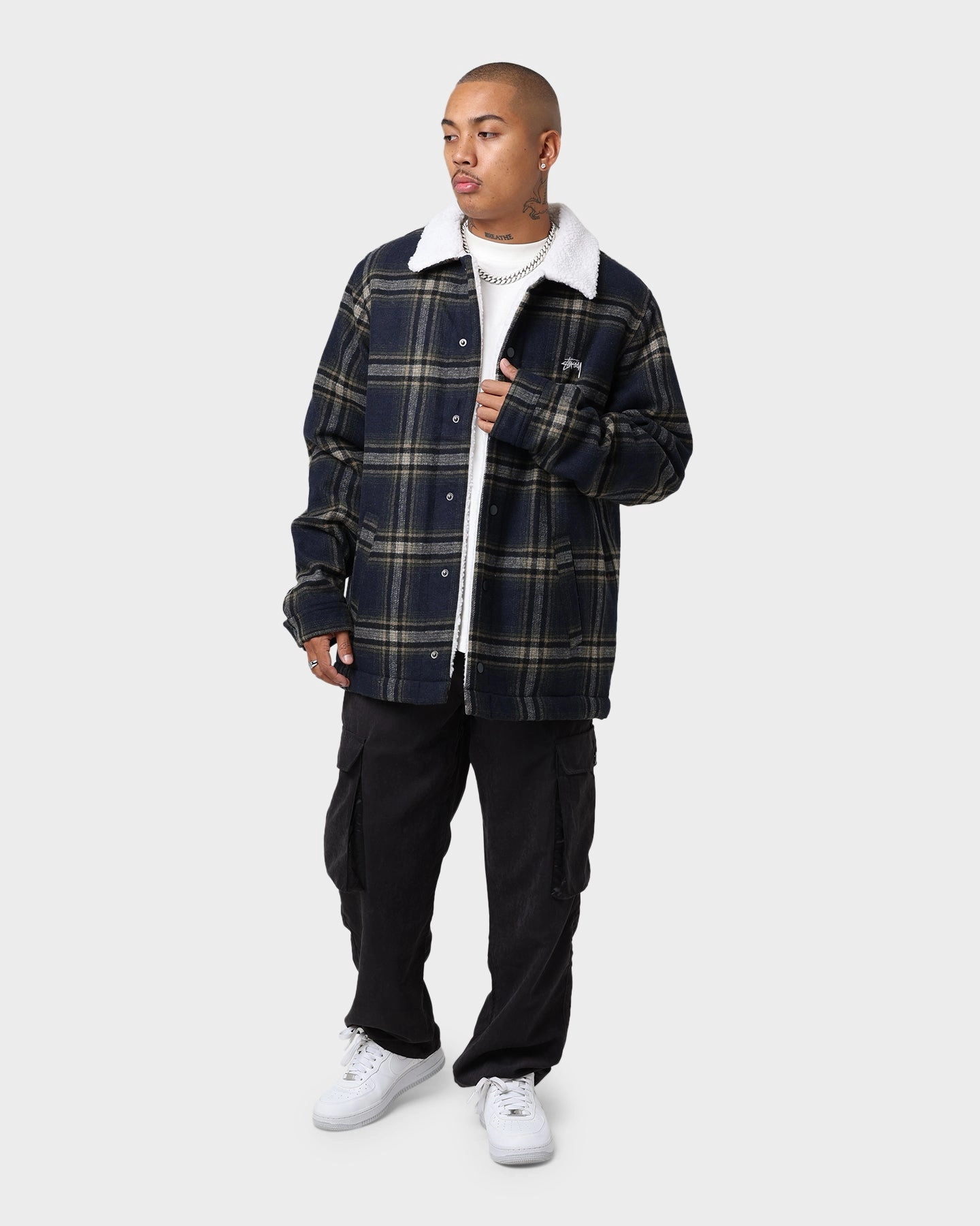 Stussy Plaid Sherpa Jacket Navy Check Skiing Warm Thinsulate