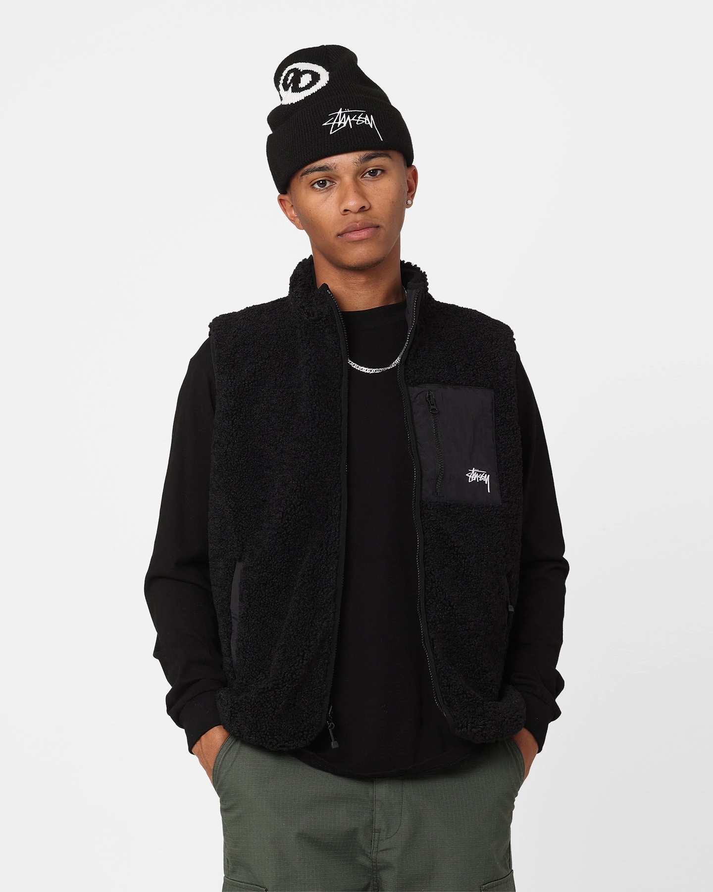 Trendy Outerwear Utility Focus Stussy Reversible Stock Sherpa Jacket Black