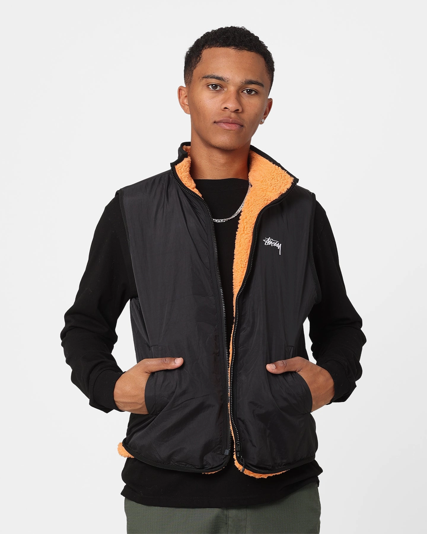 Stussy Reversible Stock Sherpa Jacket Orange Padded collar Conditioner
