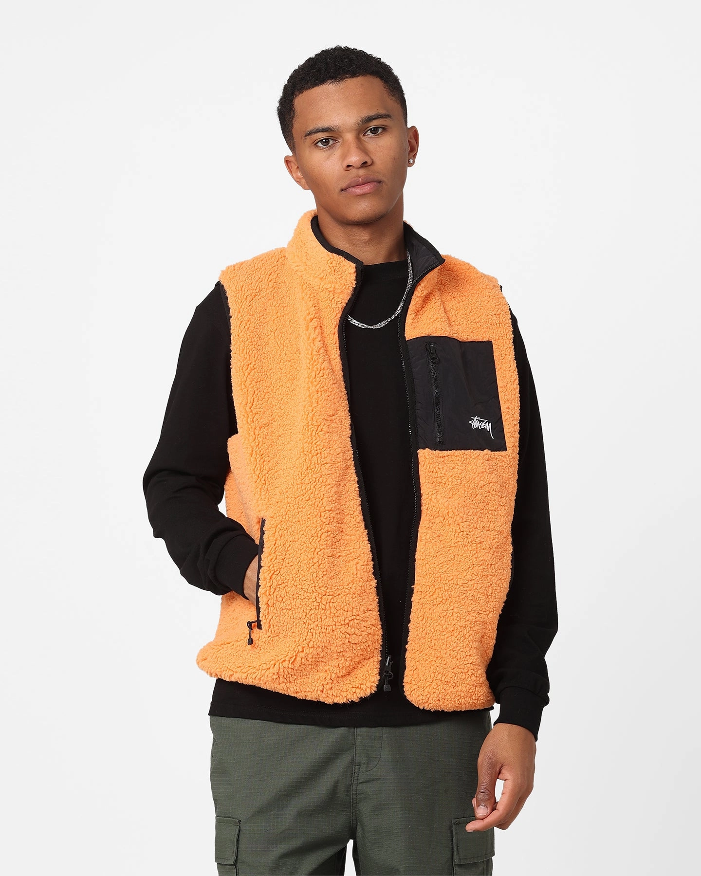 Modern Utility Ergonomic Seams Stussy Reversible Stock Sherpa Jacket Orange