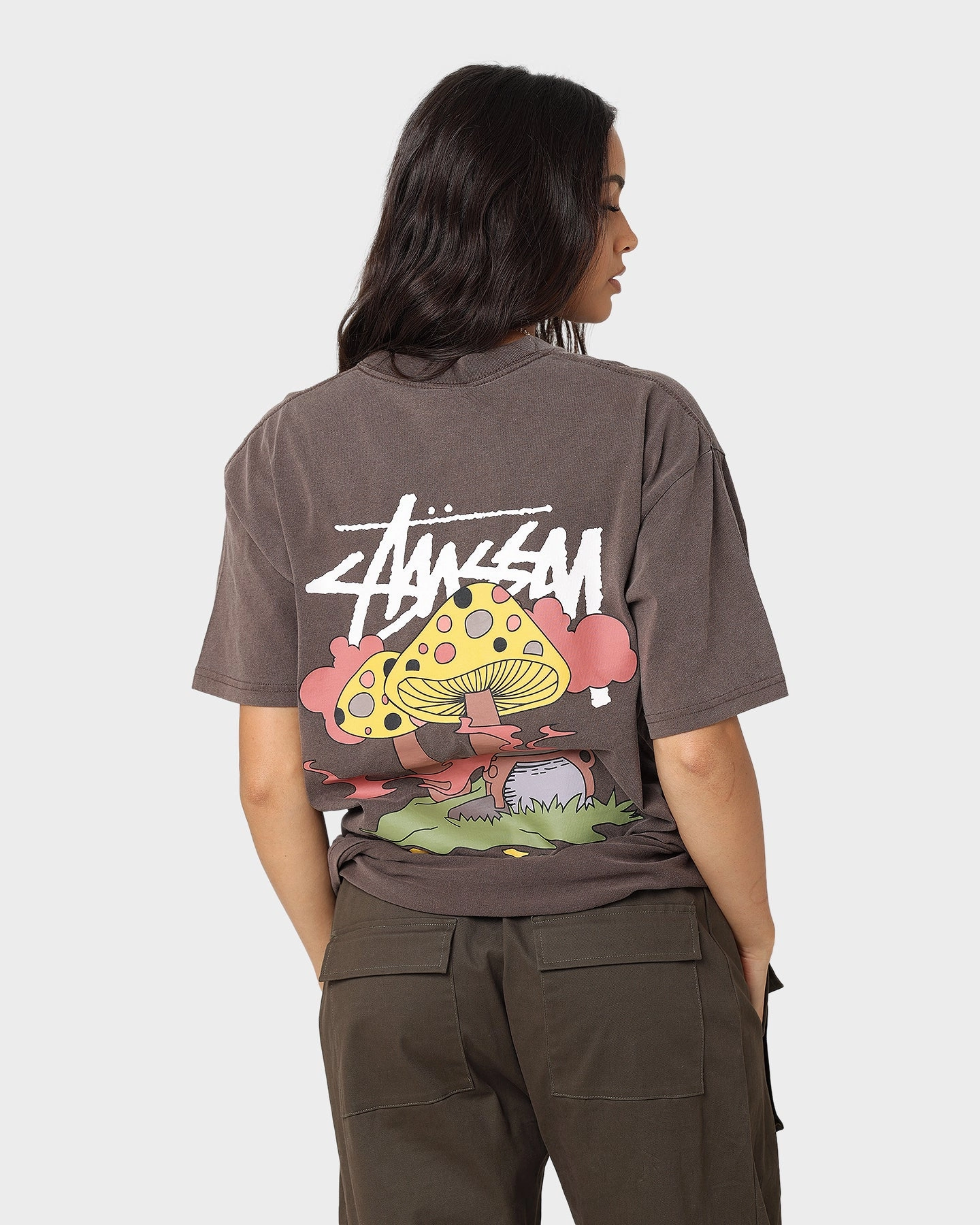 Stussy Something's Cooking T-Shirt Brown Pigment No Shrink Technology Linen blend